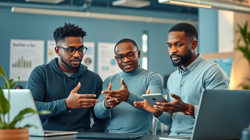 Ambitious African founders discussing AI strategies in a tech hub, laptops, whiteboards, digital prototypes, teamwork, cool tones, plant accents, AI-driven development Africa.