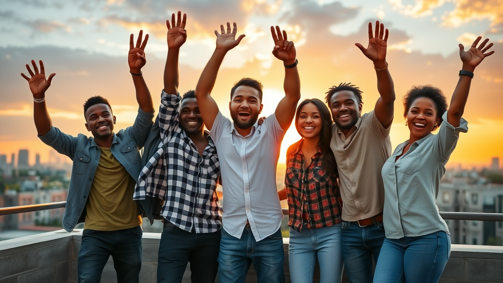Motivated young African team celebrating the successful launch of an AI project