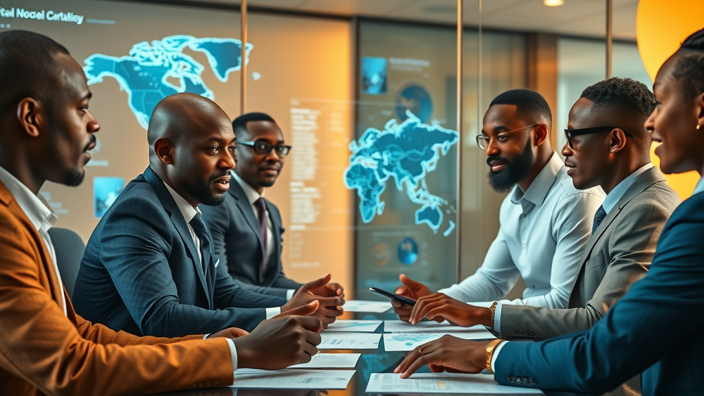 forward-thinking African business leaders brainstorming over AI-powered infographics and strategy charts, digital global maps and data projections in boardroom.
