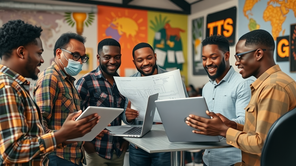 African tech workshop, engineers brainstorming with laptops, blueprints, animated discussion, innovative studio, colorful digital murals, partnership in AI-driven development Africa.