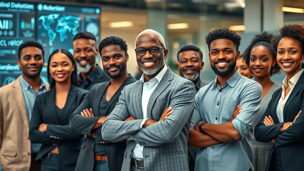 AI research Africa 2025 - diverse African research and business leaders advancing AI innovation in a modern urban tech hub