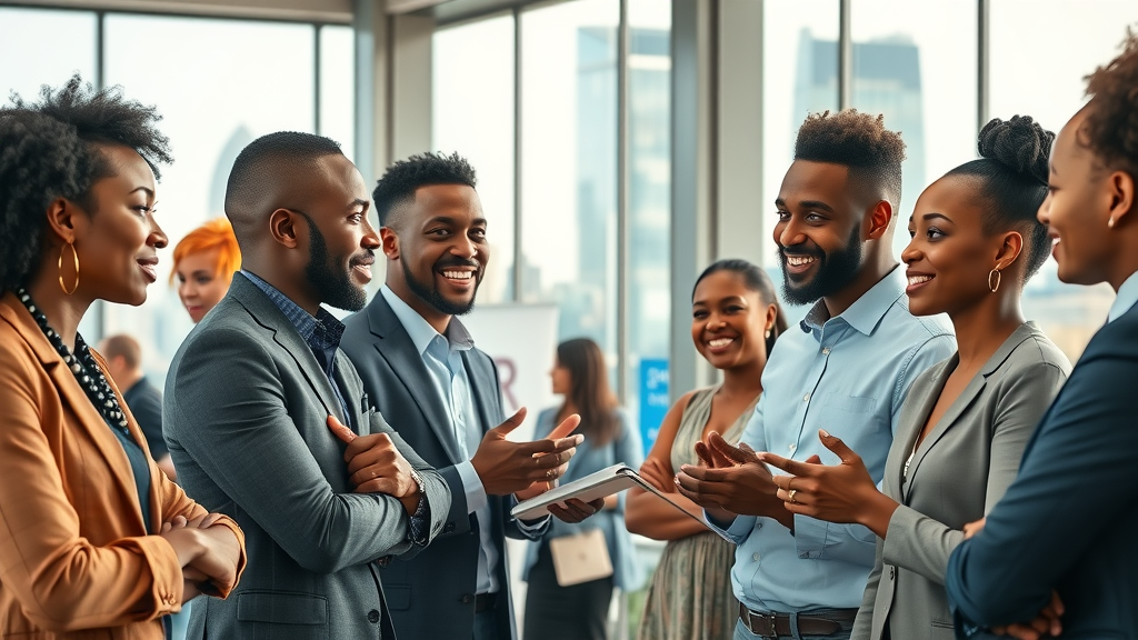 Vibrant business conference scene, diverse African entrepreneurs, AI startups Africa innovation and collaboration, modern city skyline