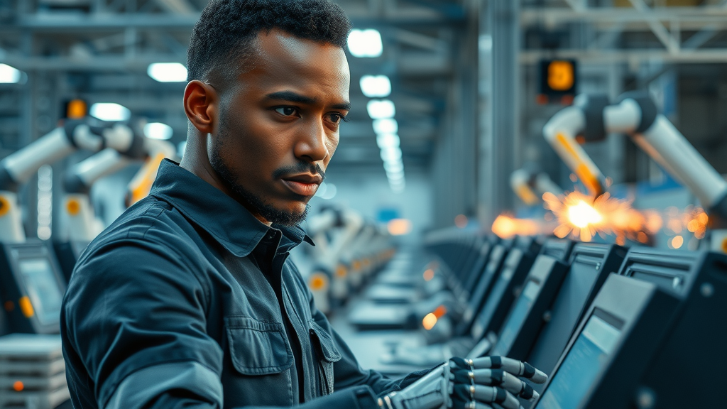 modern African robotics engineer programming industrial robots on smart assembly lines, cutting-edge factory floor with digital dashboards.
