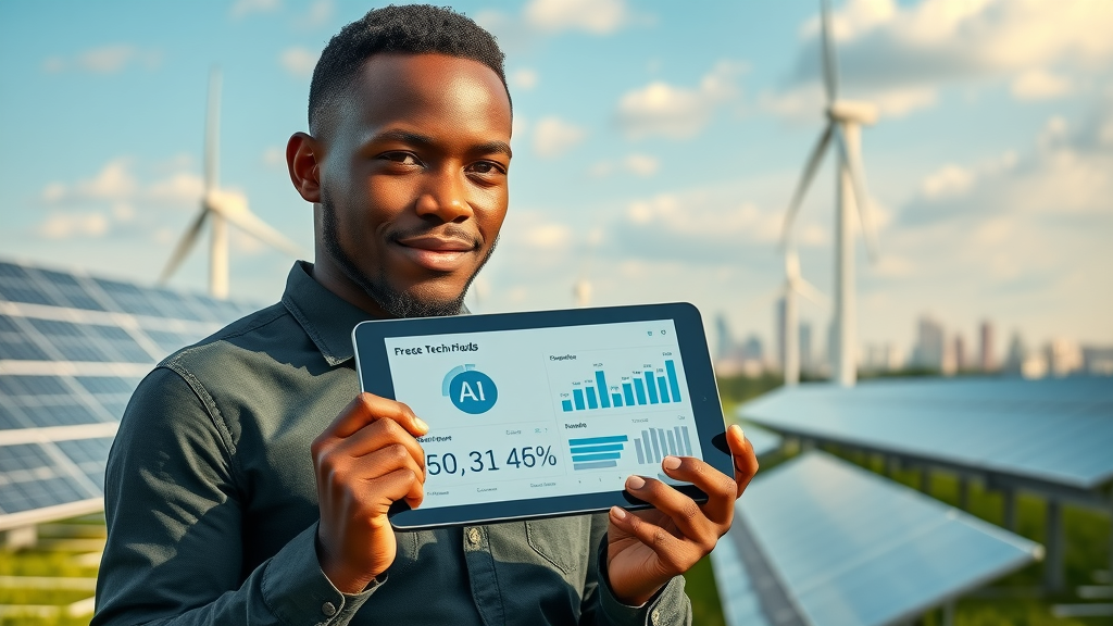 AI applications in Africa: African entrepreneur showcasing AI statistics in a green tech park