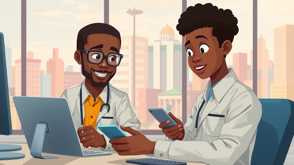 African engineers coding mobile health apps in a smart office, digital transformation Africa tech
