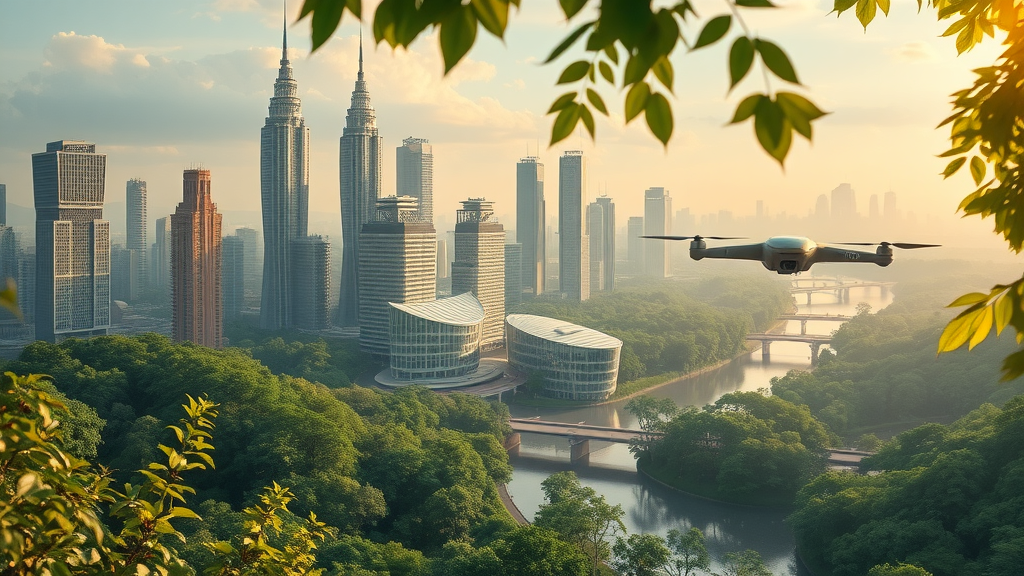 hopeful future cityscape with AI environmental monitoring drones and smart green buildings combating climate change