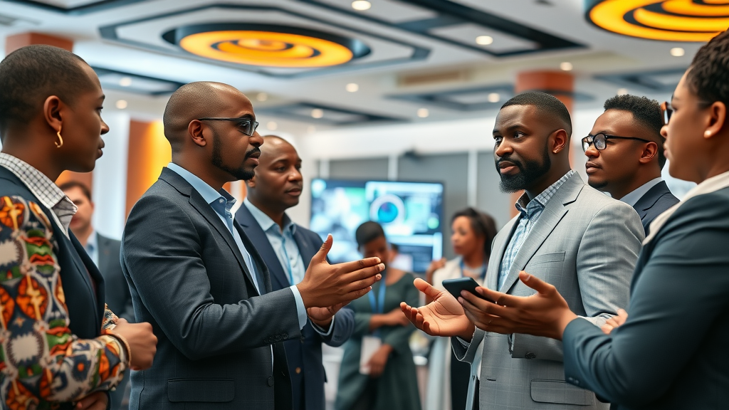 Vibrant African technology conference with professionals discussing the future of AI in Africa in a modern conference hall, digital displays showing AI graphics
