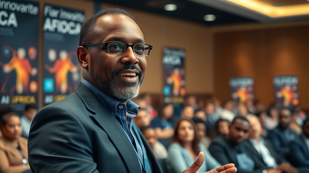 influential South African AI entrepreneur speaking at a conference with audience, banners on AI innovation.