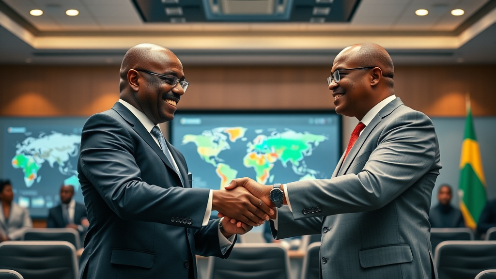 technology and innovation African business and government leaders formal meeting shaking hands, partnership for digital transformation