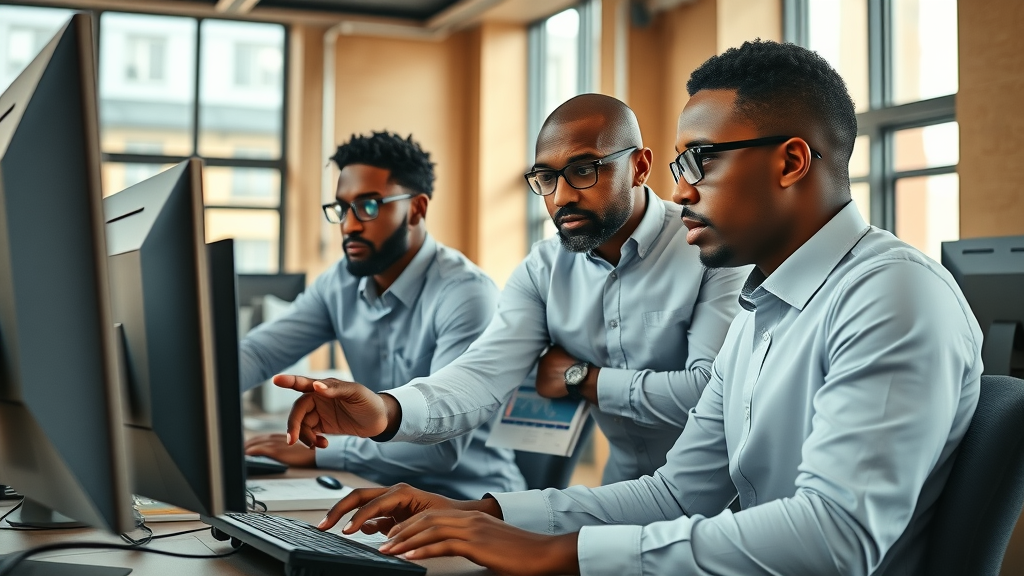 Motivated academic researchers in an African university lab, analyzing data on advanced computer monitors, highlighting machine learning Africa education