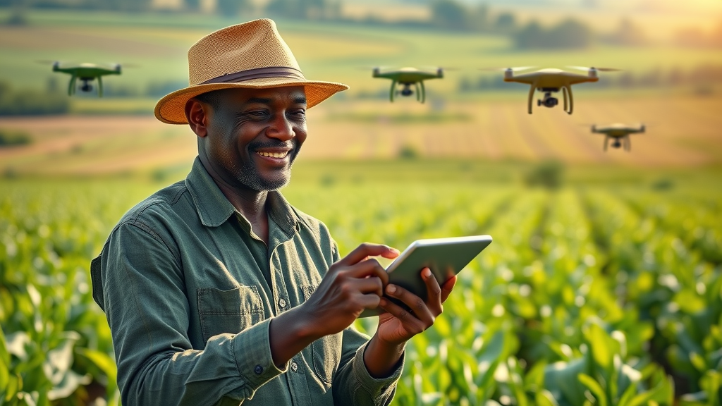 AI-powered agricultural scene, African farmer monitoring crop data on a digital tablet, lush farm fields with drones, crops thriving, AI innovation in Africa, green and earth tones, morning sunlight, telephoto lens