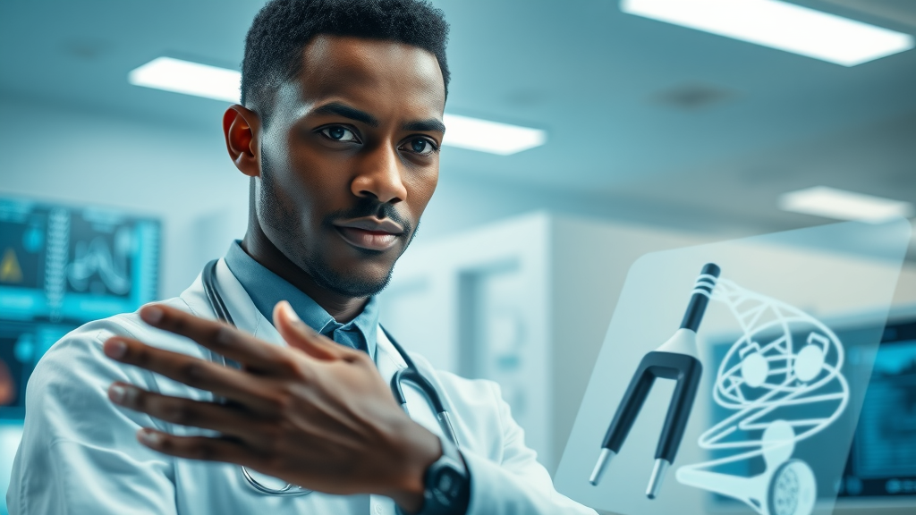 AI solutions in African healthcare: Doctor interacting with AI diagnostic interface in a modern clinic