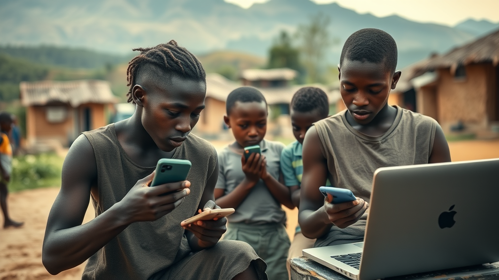 Barriers to tech trend Africa: Rural youth in African village trying to access digital infrastructure and limited internet