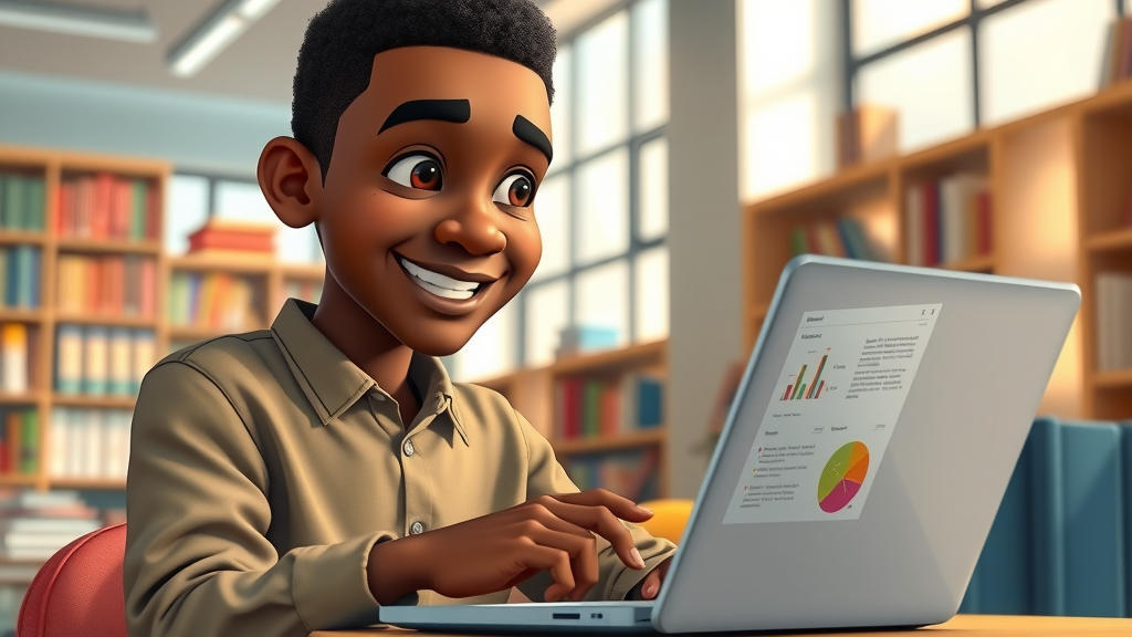 Inquisitive African student browsing digital copyright resources on a laptop in an academic library with vibrant data charts