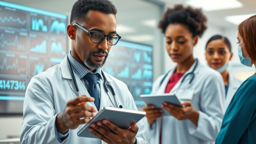 African doctor using AI-powered tools in a modern medical clinic for healthcare innovation