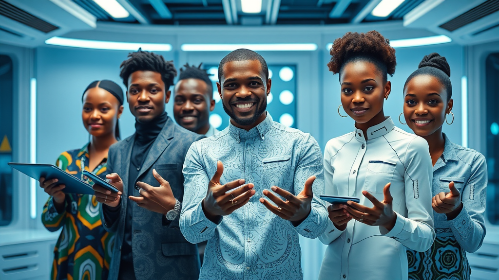 Pan-African tech innovators showcasing cutting-edge AI prototypes in a futuristic innovation lab