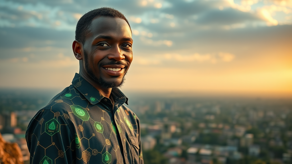 visionary African tech leader presenting sustainable AI solution, horizon with digital motifs, rural and urban Africa, AI flows connecting people, emerald green and gold highlights, ethereal light, AI innovation in Africa, 24mm lens