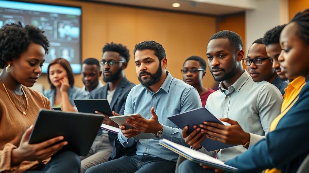 Emerging AI solutions Africa: group of students and professionals asking questions at a tech seminar