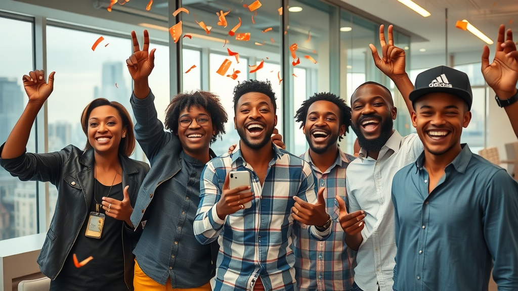 African tech startup team celebrating funding at an accelerator event with modern city view