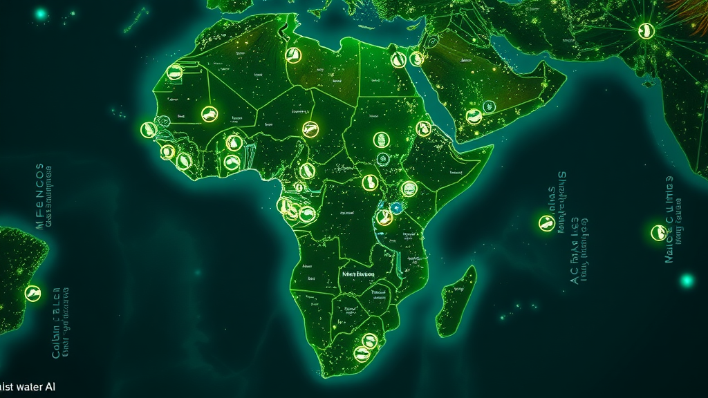 Detailed map highlighting African countries leading in machine learning Africa, with icons for AI and tech hubs