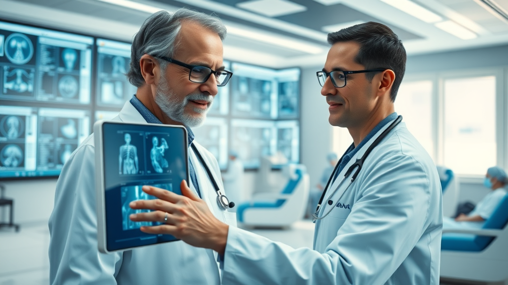 ultramodern hospital scene, doctor reviewing AI-generated diagnostic images for futuristic medical care 2025