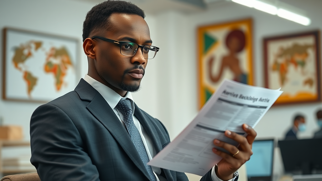 African tech entrepreneur reviewing regulatory paperwork in a modern government office, tech landscape Africa
