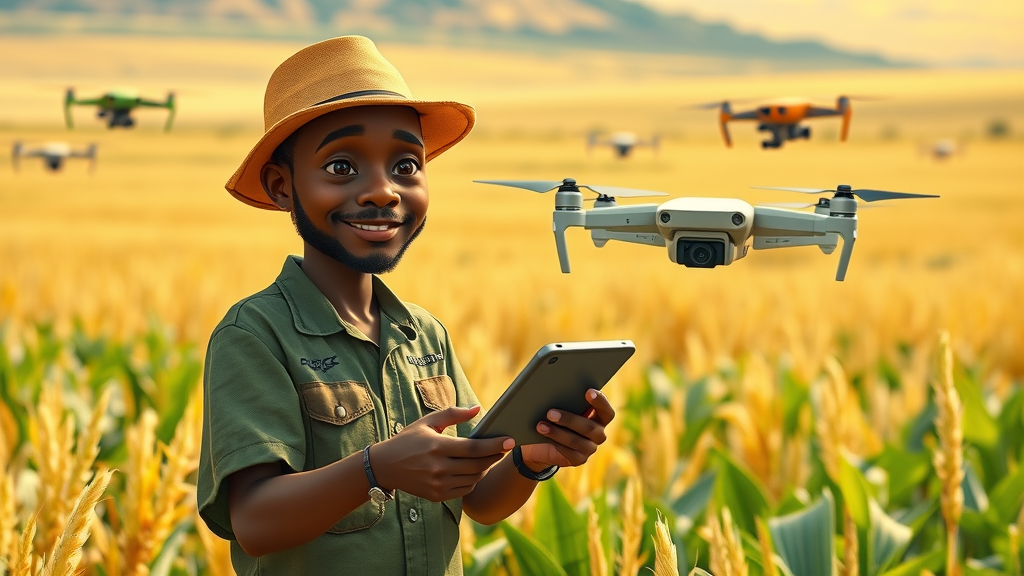 innovative African farmer using drone and handheld AI device to assess crops in field, high-tech agricultural robots and green crops present.