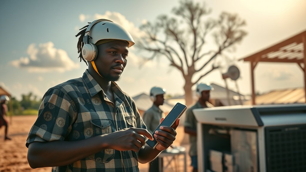 resourceful African IT specialists installing solar-powered servers for artificial intelligence Africa