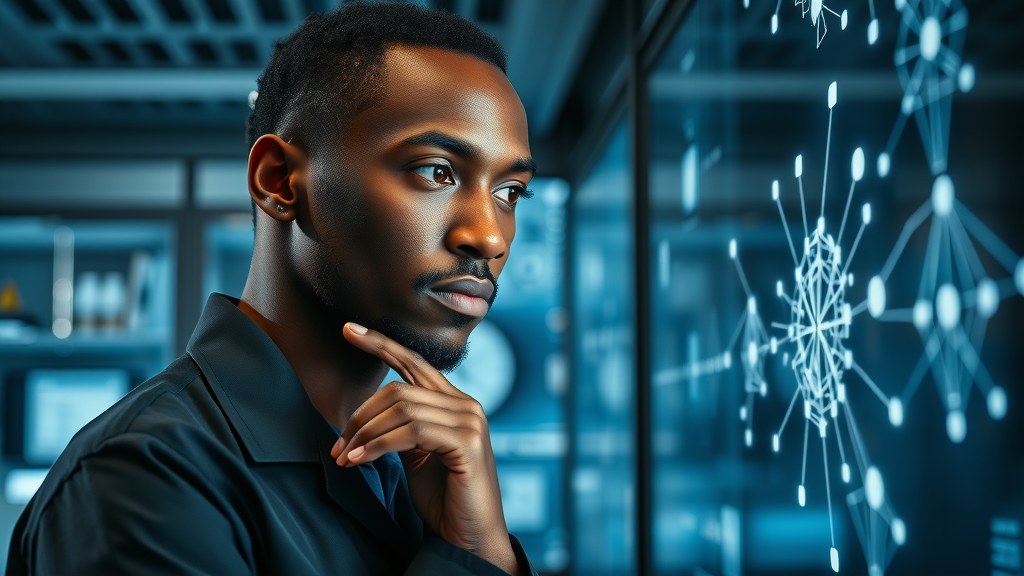 Thoughtful African AI researcher gazing at neural network graphics, advancing machine learning Africa in a high-tech research lab