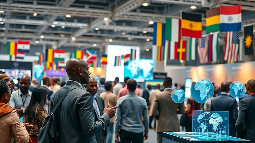 African technology conference scene highlighting the future of AI in Africa with experts networking, digital AI holograms, and interactive tech displays