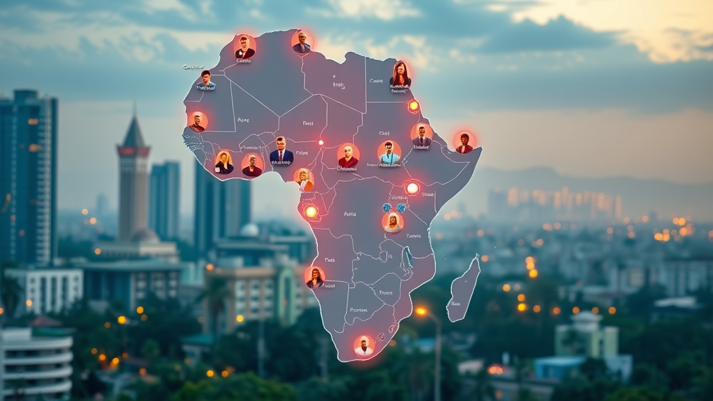 dynamic map of Africa, major AI city hubs, African AI ecosystem, digital innovation, modern cityscape
