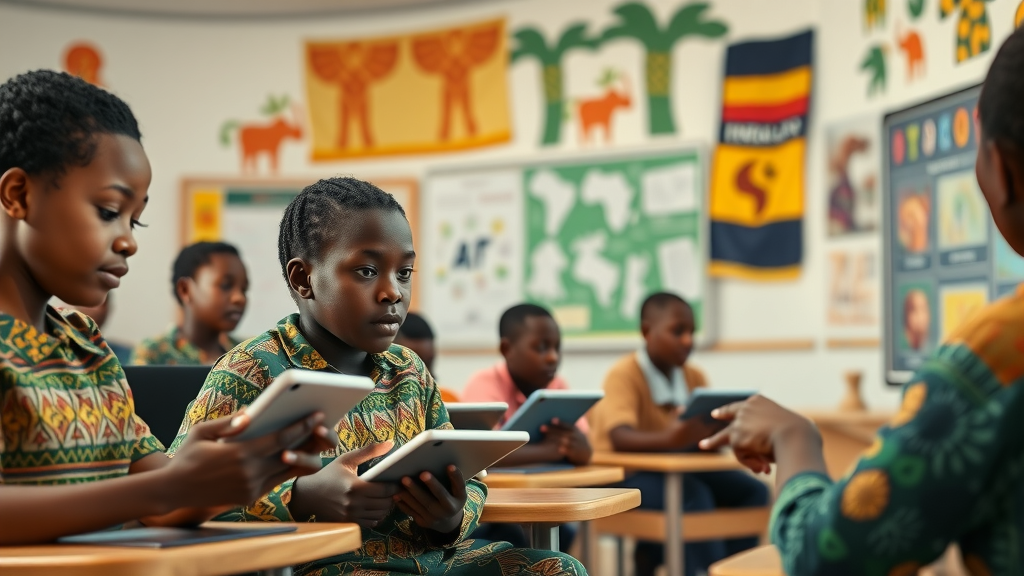 African students using AI-powered digital tablets and smart boards in a high-fidelity classroom, vibrant colors with African motifs and digital banners, digital skills, learning technology, interactive education.