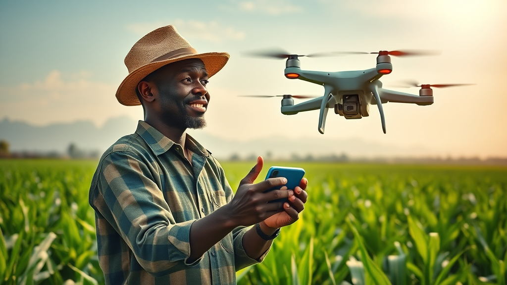 innovative African farmer using AI-powered drone in agriculture sector
