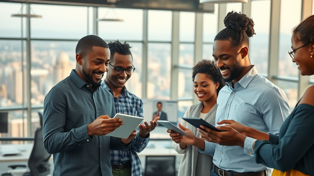 vibrant African urban tech hub with diverse professionals collaborating in artificial intelligence Africa