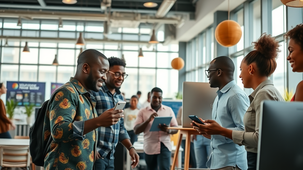 Dynamic African tech hub showcasing the future of AI in Africa—African professionals collaborate around digital screens in a modern coworking space with African motifs, discussing data-driven innovations and emerging tech, daylight-infused, photorealistic.