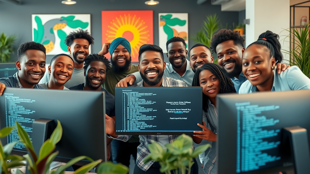 diverse team of South African software developers celebrating AI project success, sleek coworking space with computer screens and art.