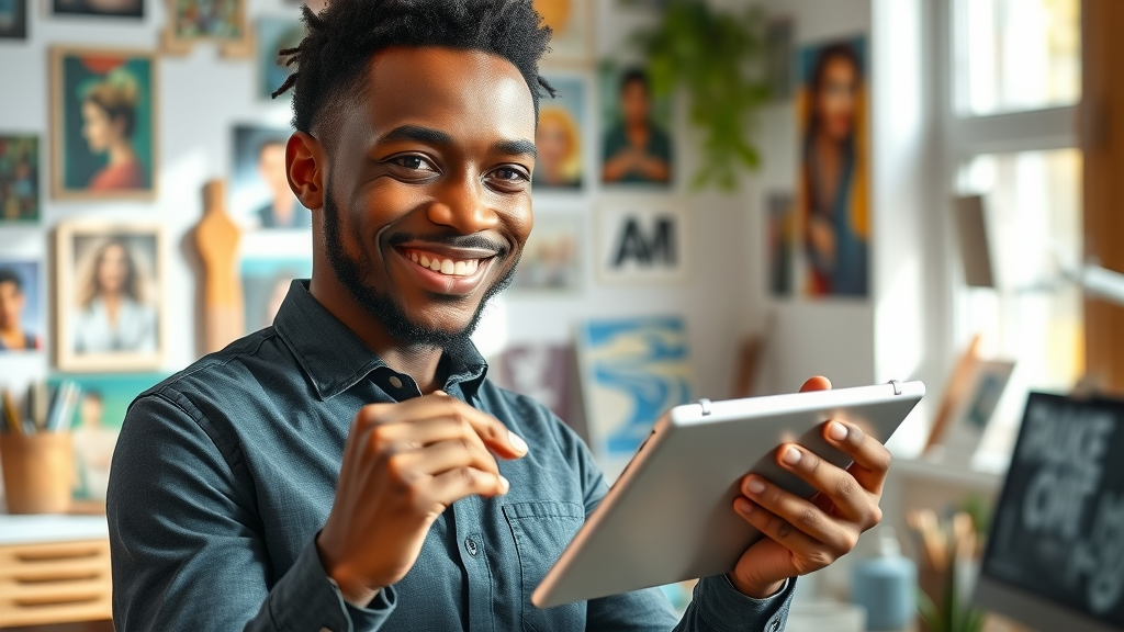 Confident African illustrator demonstrates ai watermarking software on a tablet in a bright, colourful studio