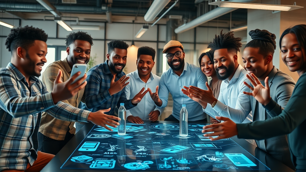 African tech startup founders collaborating on AI prototypes in vibrant incubator workspace