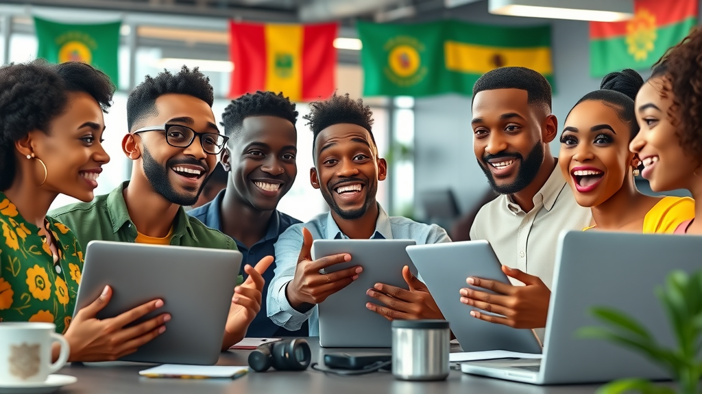 AI research Africa 2025 - young African entrepreneurs brainstorming and coding AI projects in a modern, tech-enabled African workspace