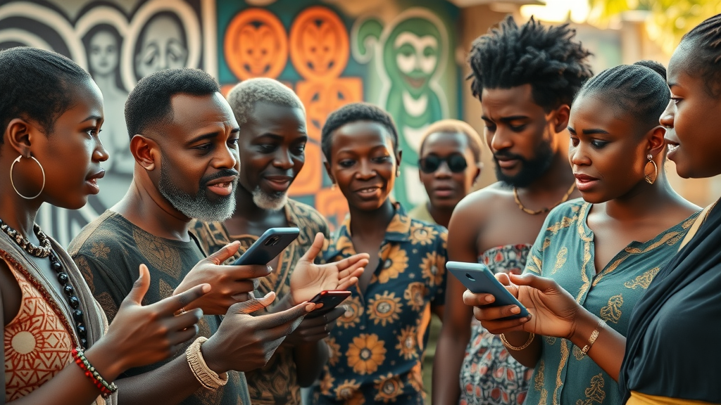 diverse Africans using NLP apps, local language AI, voice recognition, outdoor community, top AI technologies Africa