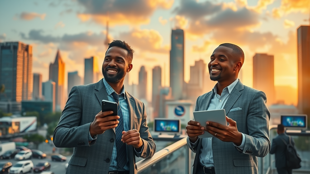 AI impact on African economy in African urban digital skyline with business professionals