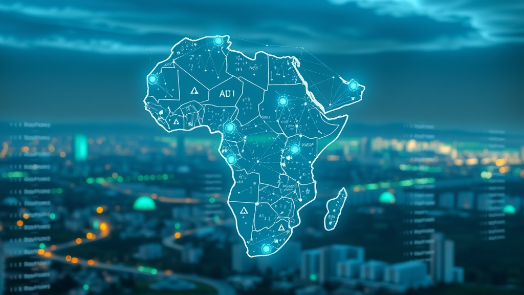 AI applications in Africa: digital map with AI network nodes across urban and rural landscapes