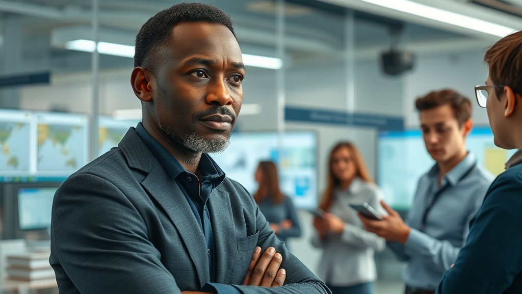Thoughtful African tech leader mentoring developers in a high-tech workspace—African tech pioneers mentoring youth
