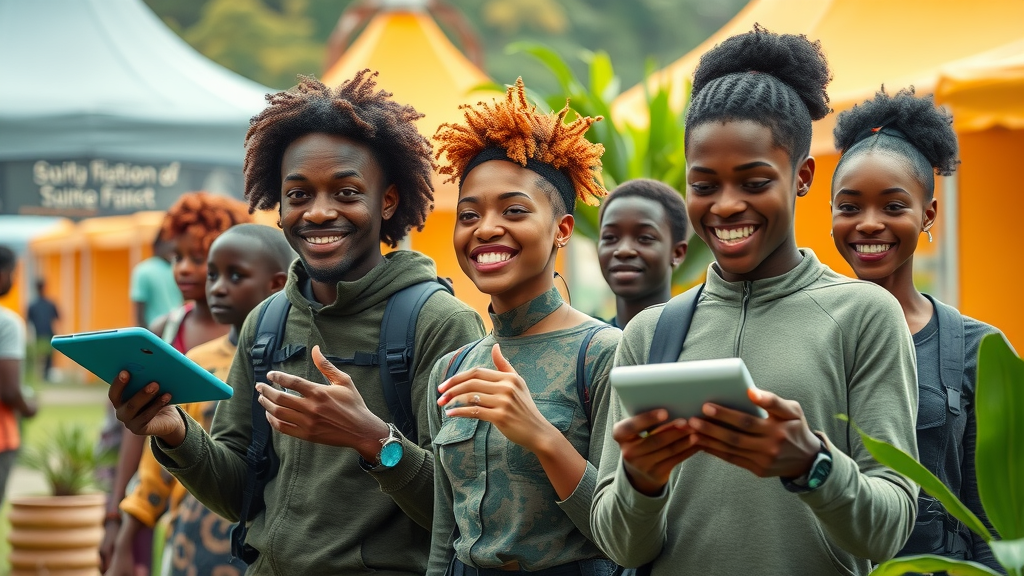 Young African innovators showcasing AI-powered devices at tech fair