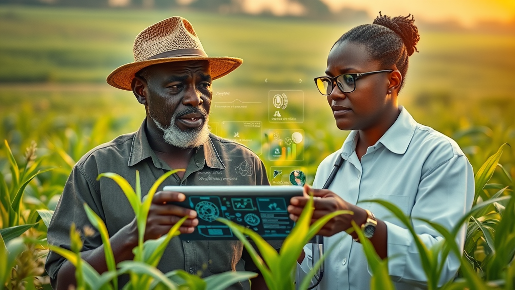 Visionary African farmer and scientist team using machine learning Africa to examine digital crop data on lush green farmland with digital overlays