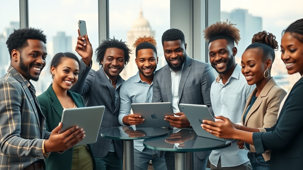 Vibrant group of diverse African tech entrepreneurs collaborating around laptops and tablets in a modern office, tech entrepreneurs Africa