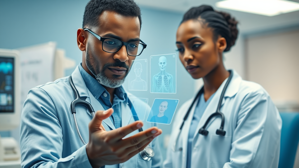 AI applications in Africa: African doctor using AI-powered patient records hologram
