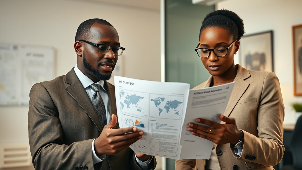 Confident African policymakers reviewing artificial intelligence strategy documents for machine learning Africa in a modern government office