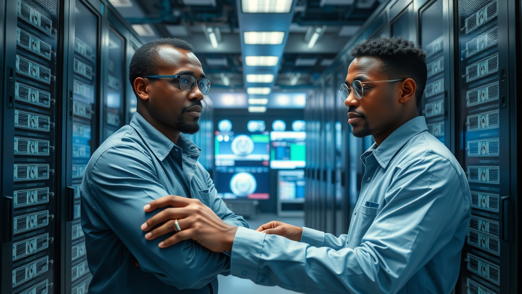 Cutting-edge African data center with technicians monitoring servers illustrating AI development infrastructure in Africa