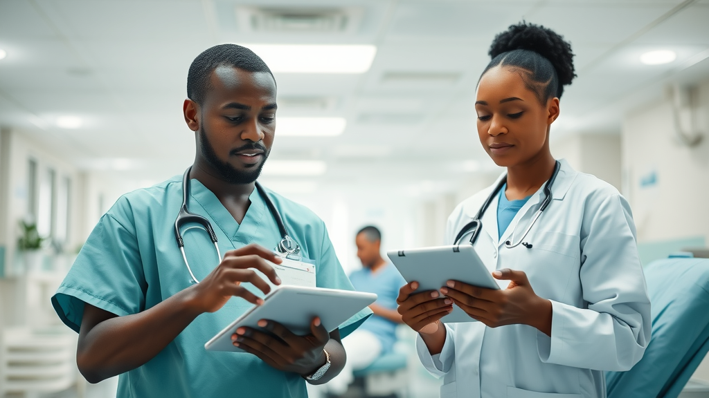 African AI startups, healthcare tech, doctors and software engineers with AI diagnostic tools in a modern hospital